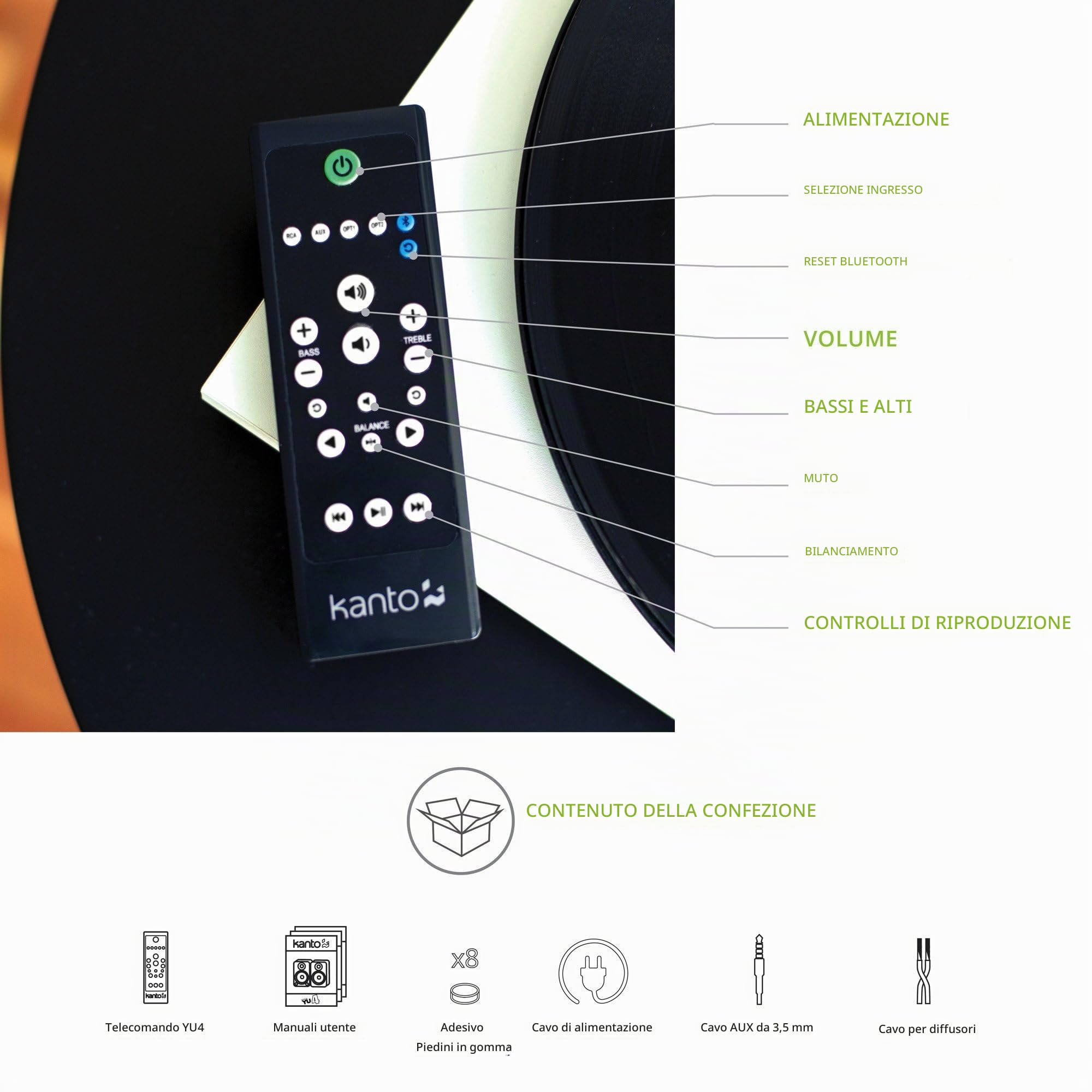 Kanto YU4 di altoparlanti alimentati con Bluetooth e preamplificatore fono - Nero lucido