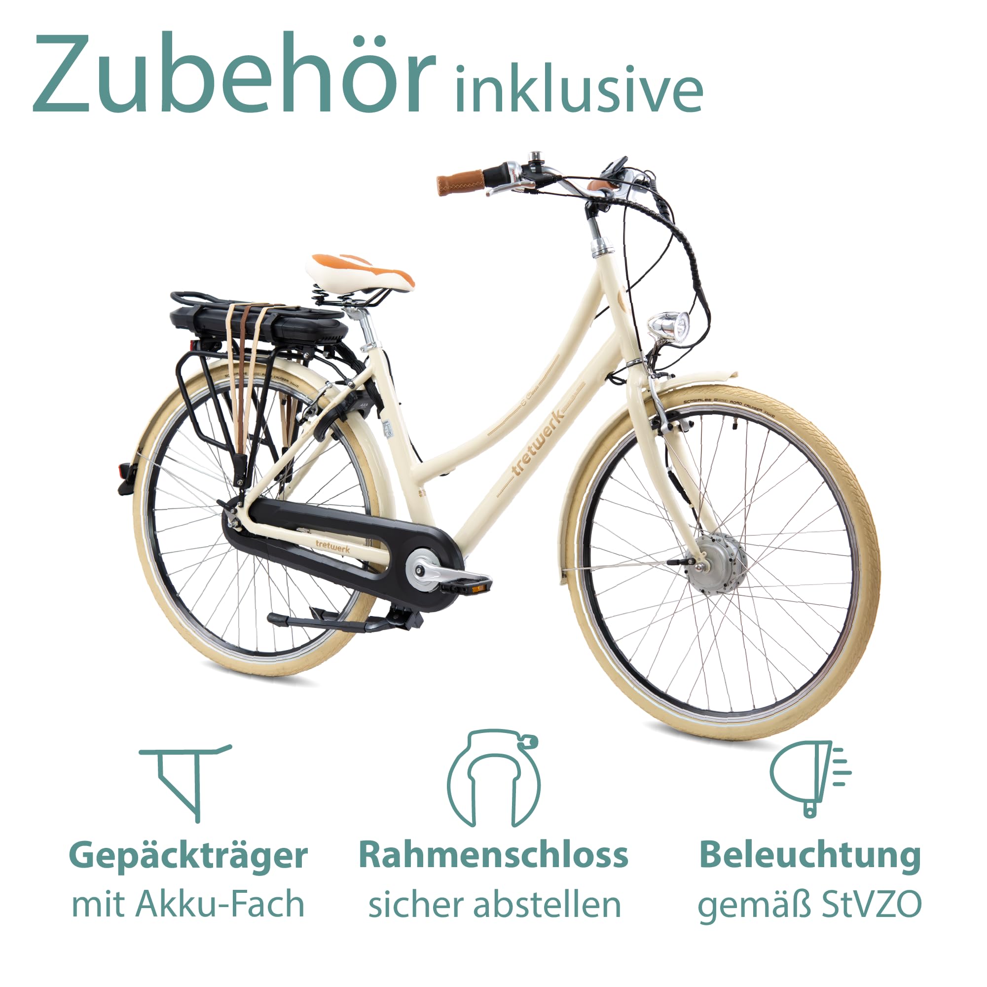TRETWERK - 28 Zoll EBike Damen Fahrrad Pedelec - E-Classic beige - Gepäckträger und 7 Gang Nabenschaltung