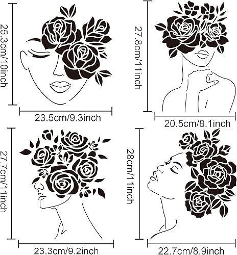 Miniatura 3 de MAYJOYDIY 4 plantillas de mujer, plantillas de pintura de dibujo de cara femenina con rosas florales de 11.8 x 11.8 pulgadas, reutilizables,