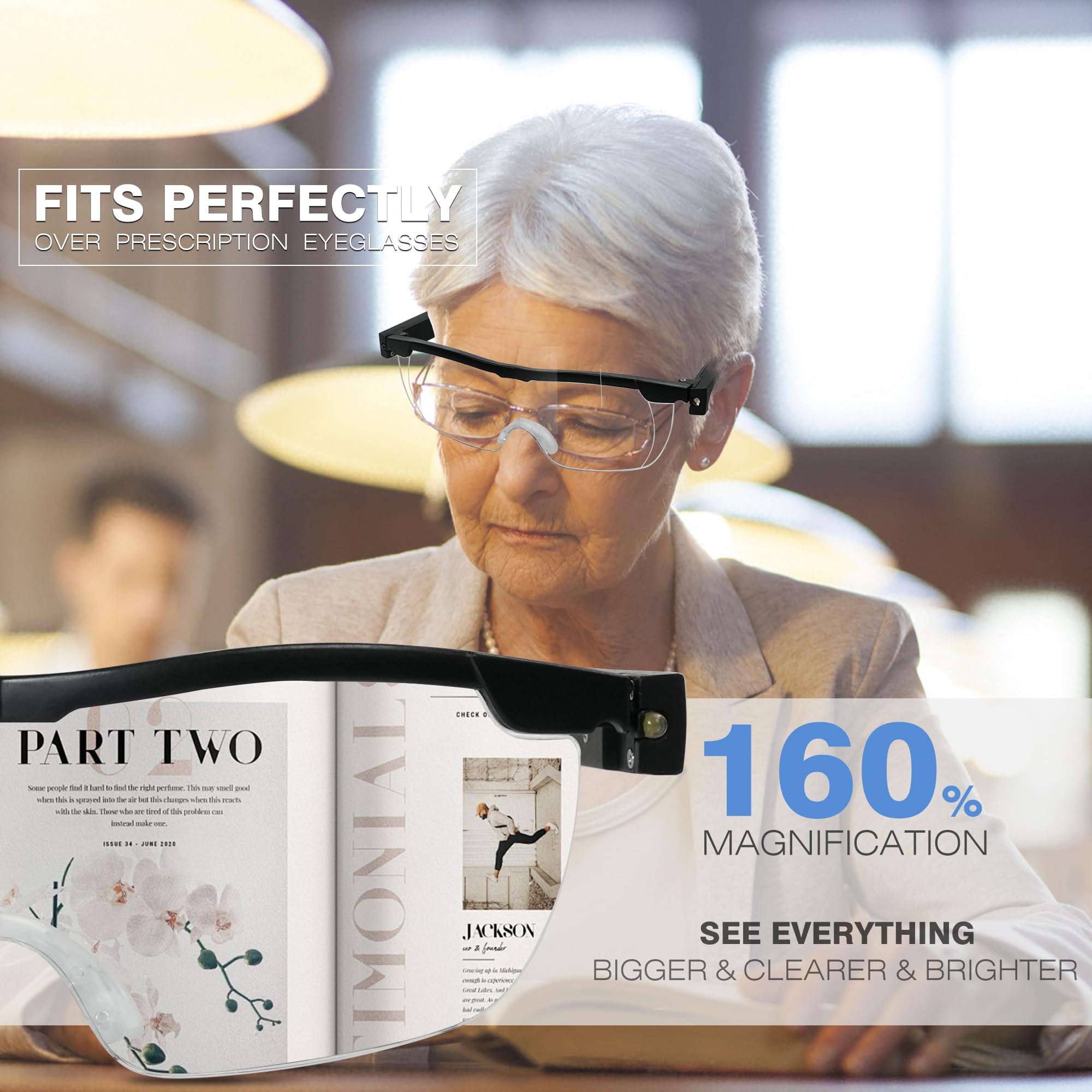 MZWOTO 160% Magnifying Glasses with Light USB Rechargeable Lighted Magnifier Eyeglasses for Close Work Reading Crafts Hobbies