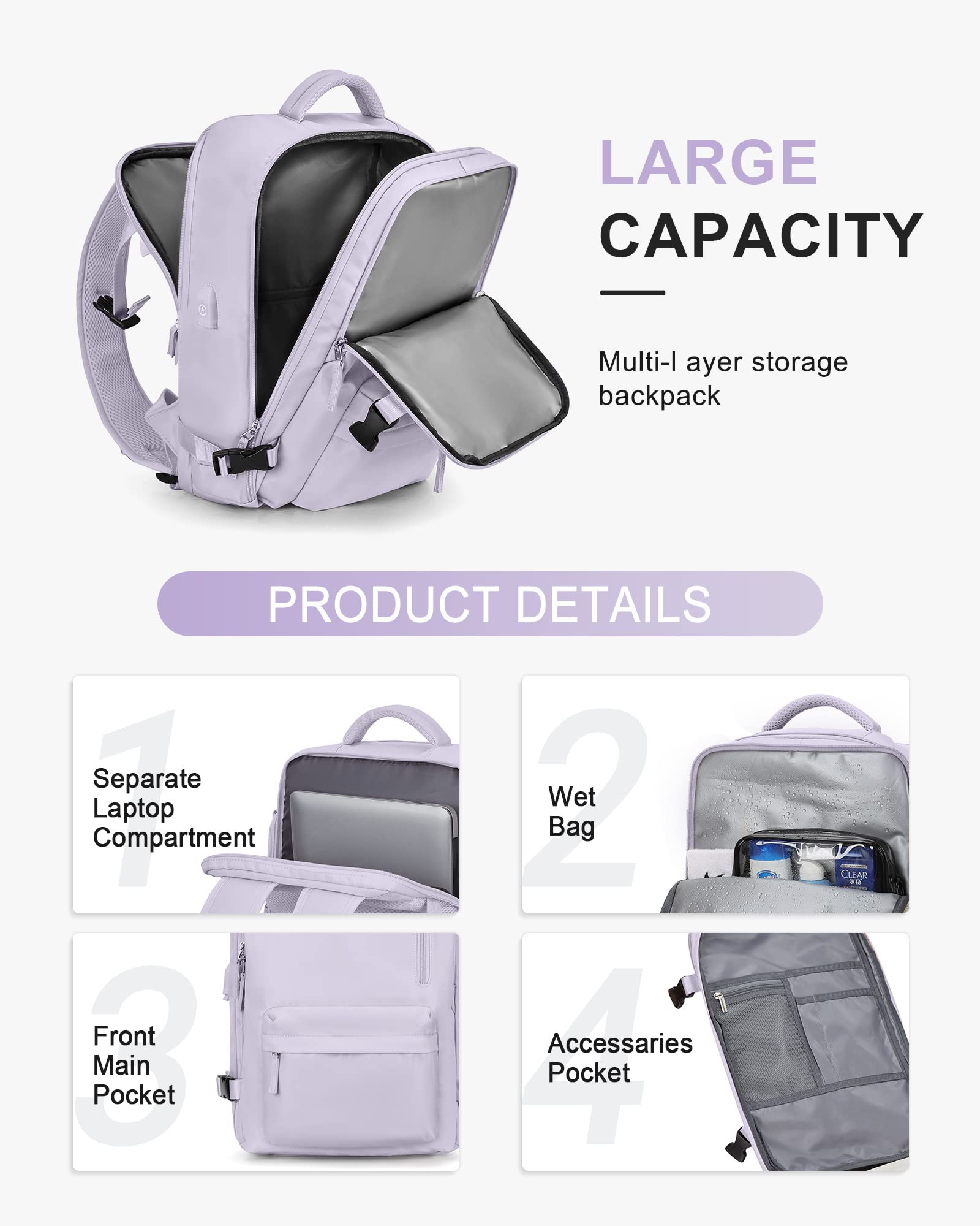 Zaino da Viaggio per Easyjet 45x36x20 Bagaglio a Mano Zaino Borse da Cabina per Ryanair Il Sedile Zaino Aereo Bagaglio a Mano Donna Borsa Cabina Viaggio Zaino Travel Viaggio Casual Daypack,A7-Viola