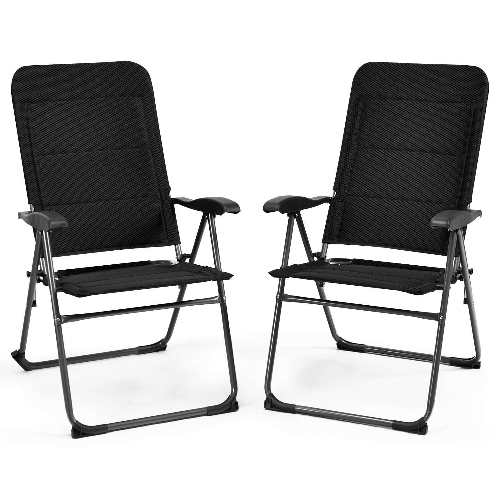 KOMFOTTEU Juego de 2 Sillas de Jardín Plegables, Sillas Acolchadas de Tela con Respaldo Reclinable de 7 Posiciones y Marco de Metal, Sillones de Camping para Piscina, Porche, Patio, Carga de 150 kg