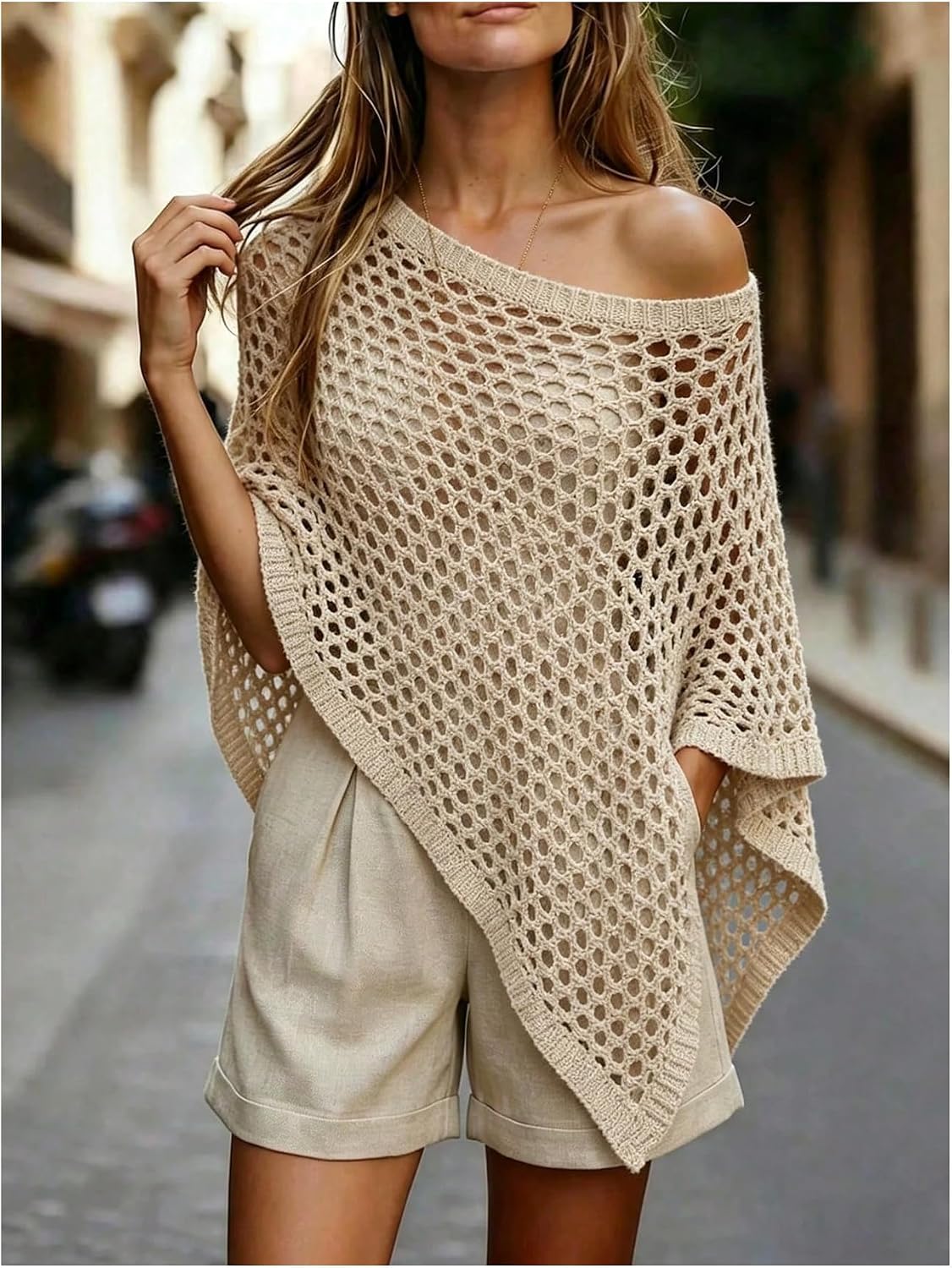 SOLY HUX Women's Hollow Out Sheer Poncho Top Off The Shoulder Asymmetrical See Through Knit Shawl Sweater