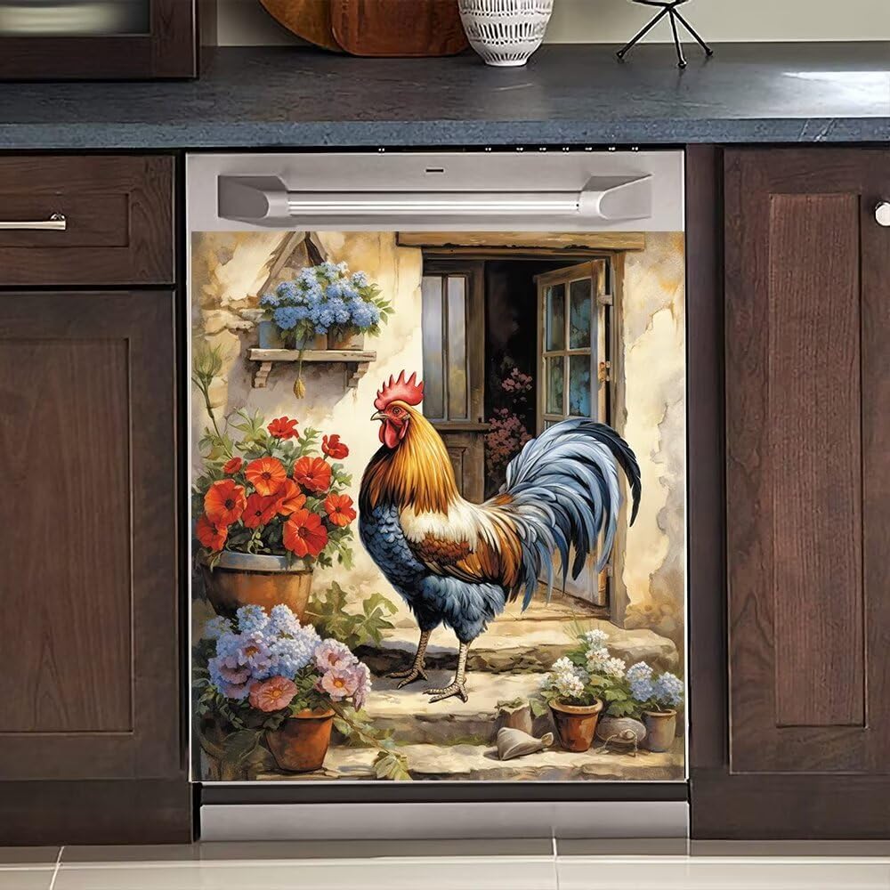 Rooster Magnet Dishwasher Cover Retro Farmhouse Flower Refrigerator Magnets Decorative Decal for Washers Fridge Panels Kitchen Decor Magnetic Stickers 23x26inch