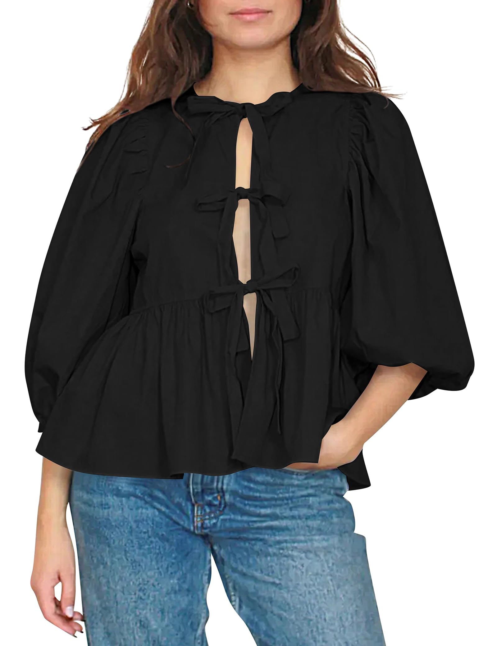 Cioatin Women Bow Tie Front Shirt Top Cute Puff Sleeve Y2K Peplum Ruffle Babydoll Blouse Lace Up Summer Going Out Black, Small