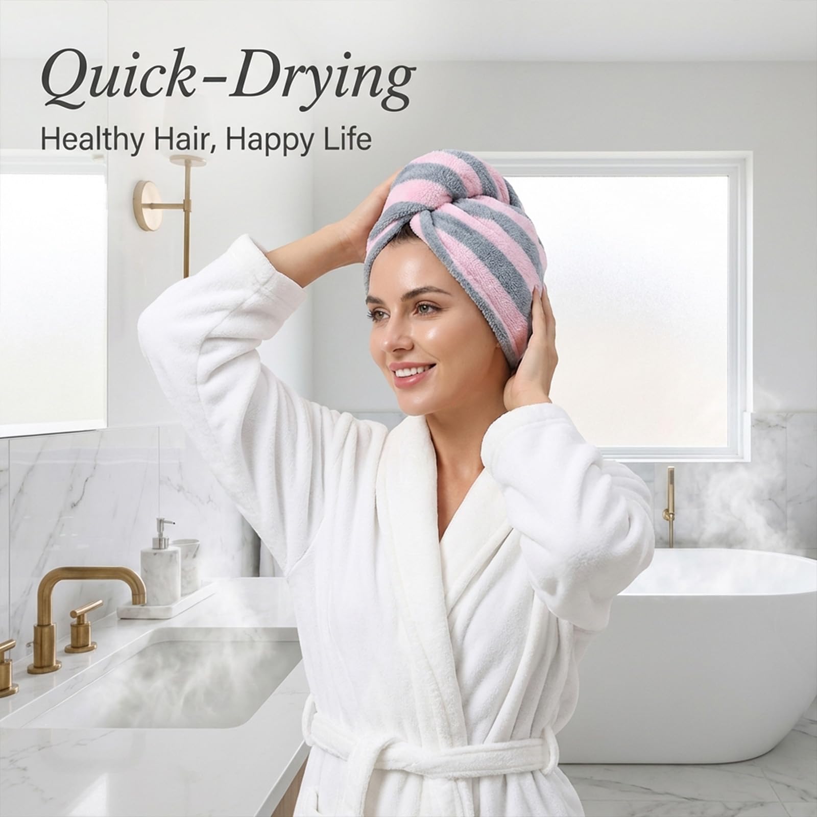 Toalla turbante suave para el cabello, toalla de secado de pelo, botón para absorber el cabello de secado rápido, turbante de microfibra para el cabello largo y rizado para mujer (gris y rosa) — view 5
