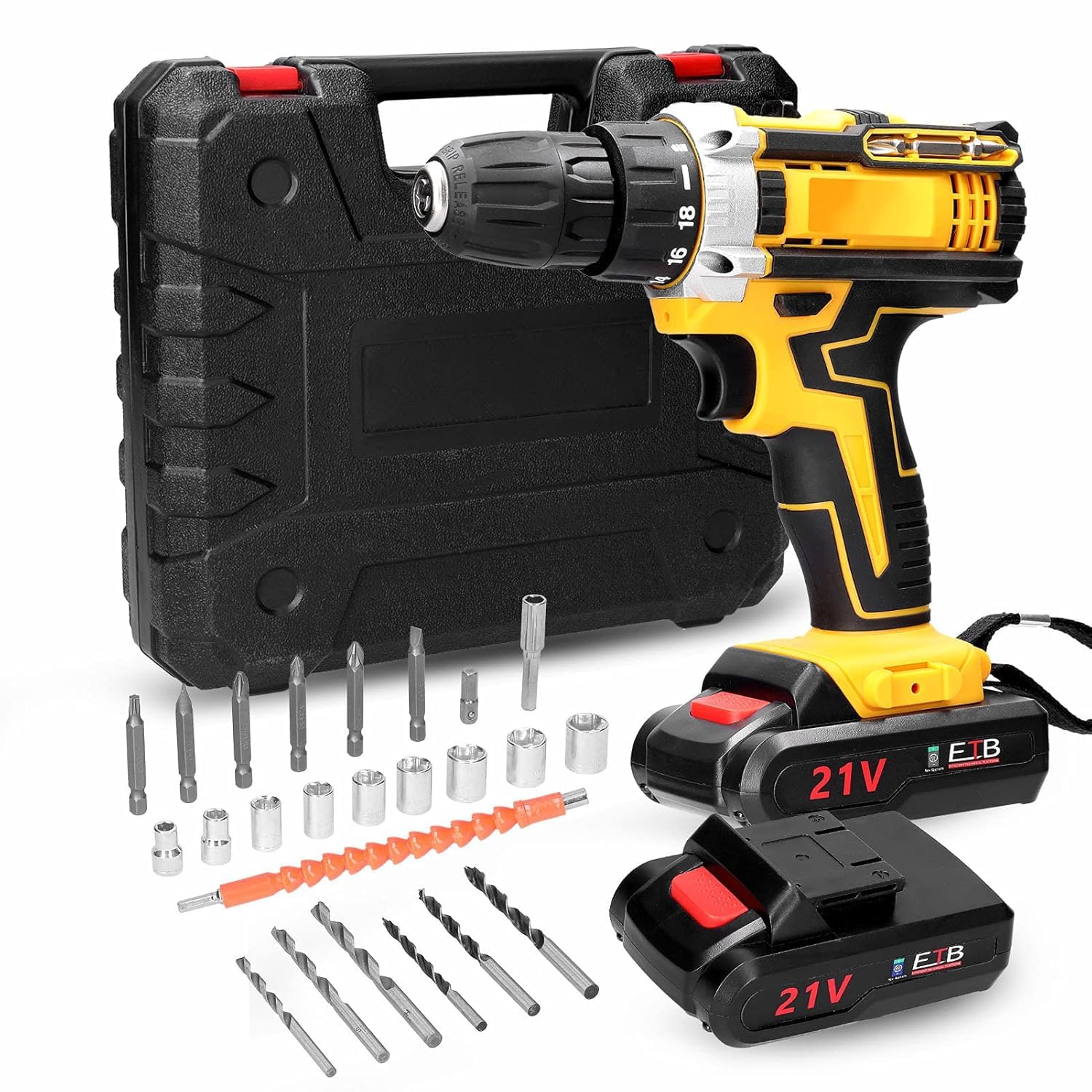 21V Cordless Drill Set,Electric Power Drill Power Drill Driver, Electric Drill with Li-ion Battery,2 Variable Speed,24pcs Drill Bits with Tool Bag 1* Battery (2* Battery)-image-36