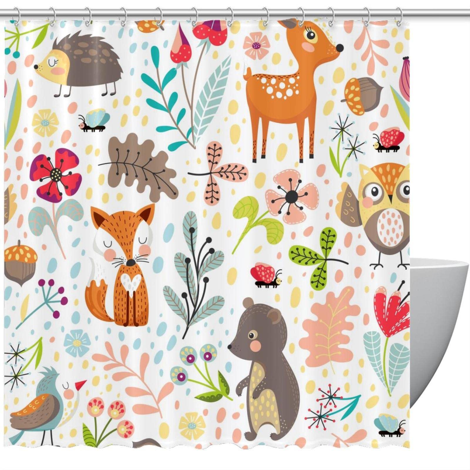 Rideau de douche étanche motif forêt animaux multicolores taille 183x183cm grand format