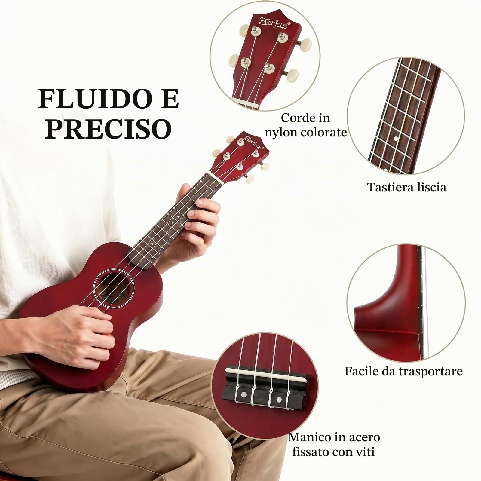 Everjoys Ukulele Soprano per Principiante Adulto Uculele da 21 Pollici con Borsa, Accordatore, Corde Aggiuntive, Cinturino, Plettri, Mogano