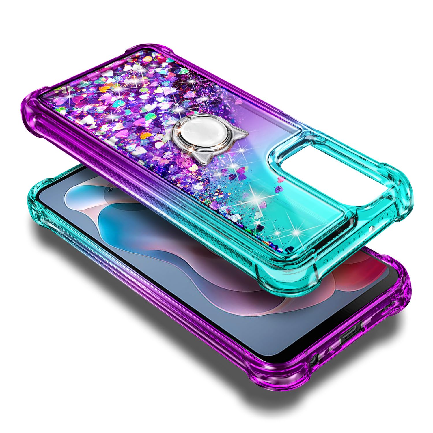 Schutzhülle für Motorola Moto G 5G 2024, glitzernd, schwimmend, flüssiger Wasserfall, niedliche Hülle mit Displayschutzfolie aus gehärtetem Glas, Ringhalter, Diamant-Handschlaufe, Aqua/Violett