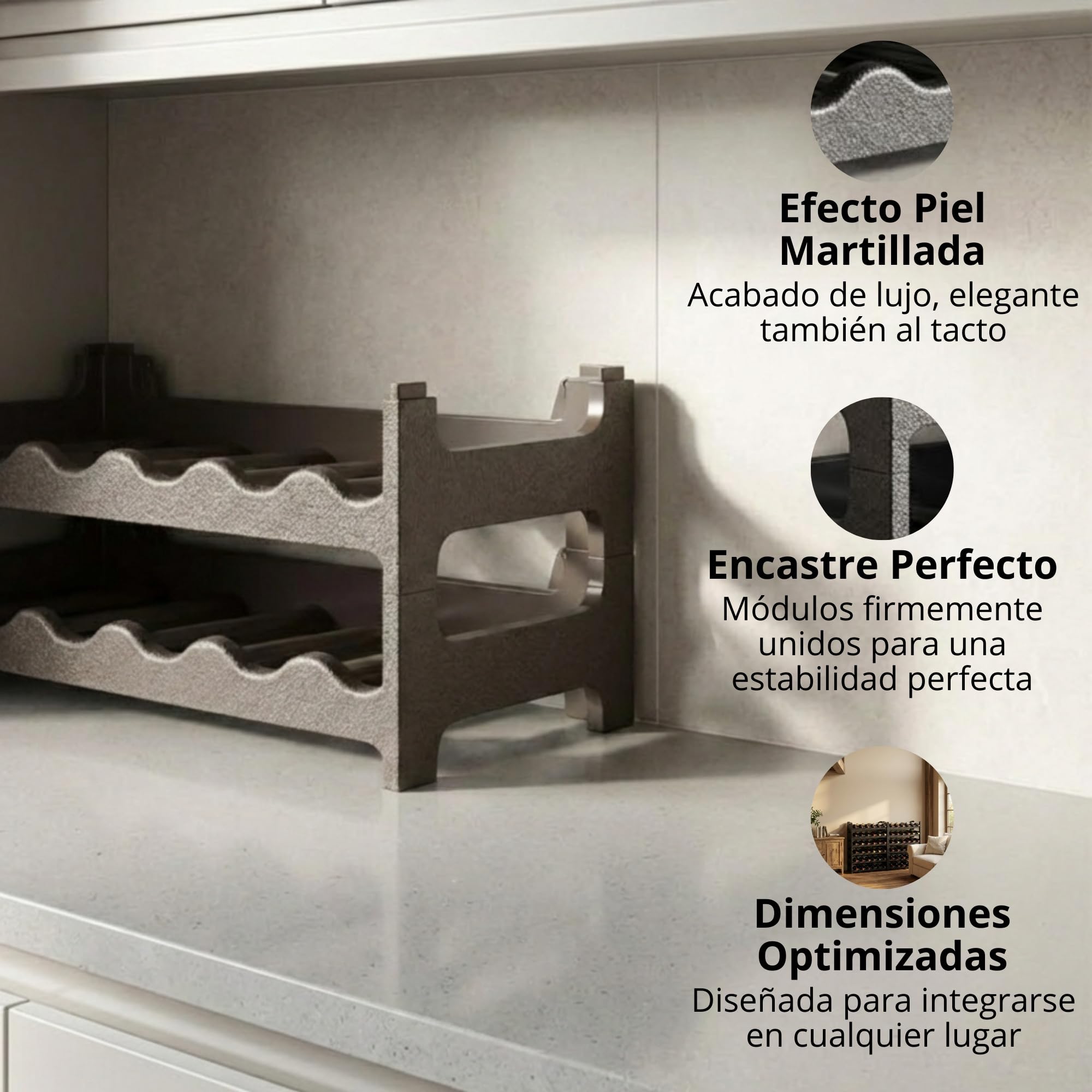CookandSupply x TheWV Botellero Vino Plástico Modular Apilable, Vinoteca Efecto Piel Martillada, 6 Botellas por Módulo, Estantería Vinos Ahorra Espacio - Marrón Corten, 72 | CookandSupply x TheWV, estante para botellas modular apilable, armario 6 botellas