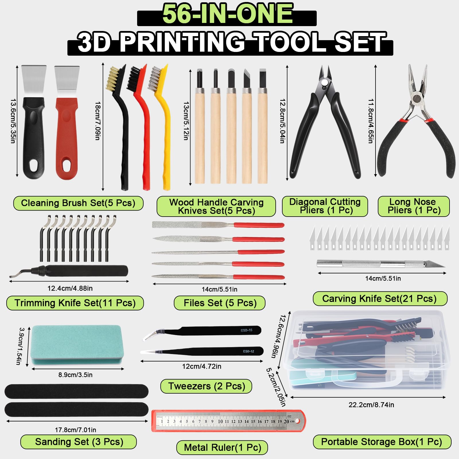 56 Stück 3D Drucker Zubehör, Entgrater 3D Druck Kit zum Entfernen Reinigen und Fertigstellen inkl Entgratungs und Reinigungswerkzeuge Tranchiermesser Feile und Spitzzange für Modellbau