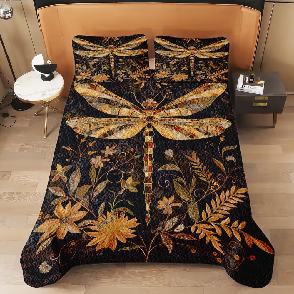 SATIGI Personalized Dragonfly Quilt, Natural Patchwork Quilt Set for Bedroom Decor, Dragonfly Patchwork Print Bedding Full Size Gifts for Girls, Women