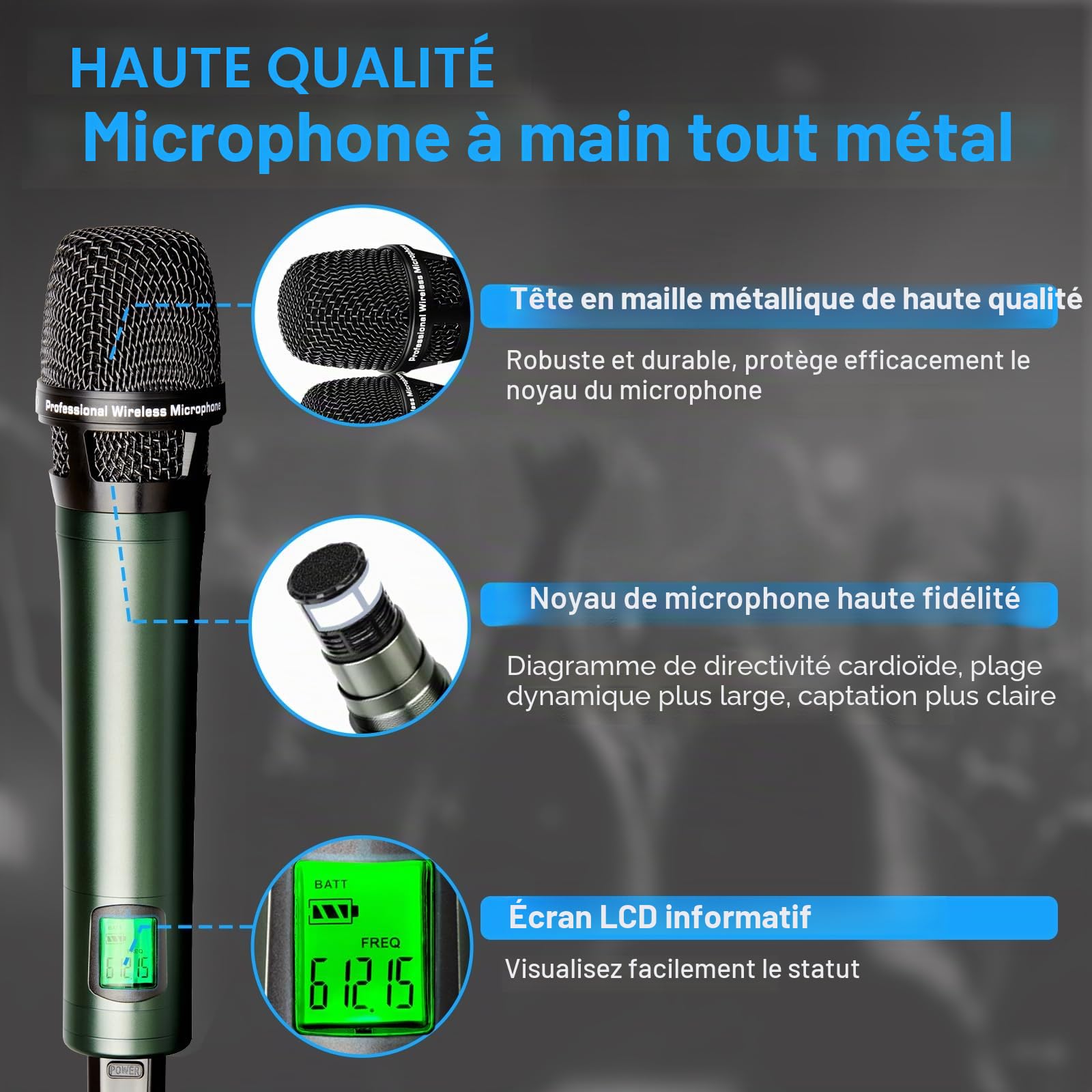 Depusheng DR80 Microphone sans Fil Professionnel UHF pour la scène Microphone sans Fil Dynamique Double à Main Haute fidélité 150 mètres de Distance de réception Karaoké Mariage Bar