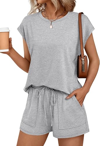 AUTOMET Womens Crew Neck Two Piece Short Sets Cap Sleeve Drawstring Summer Sweatsuit with Pocket