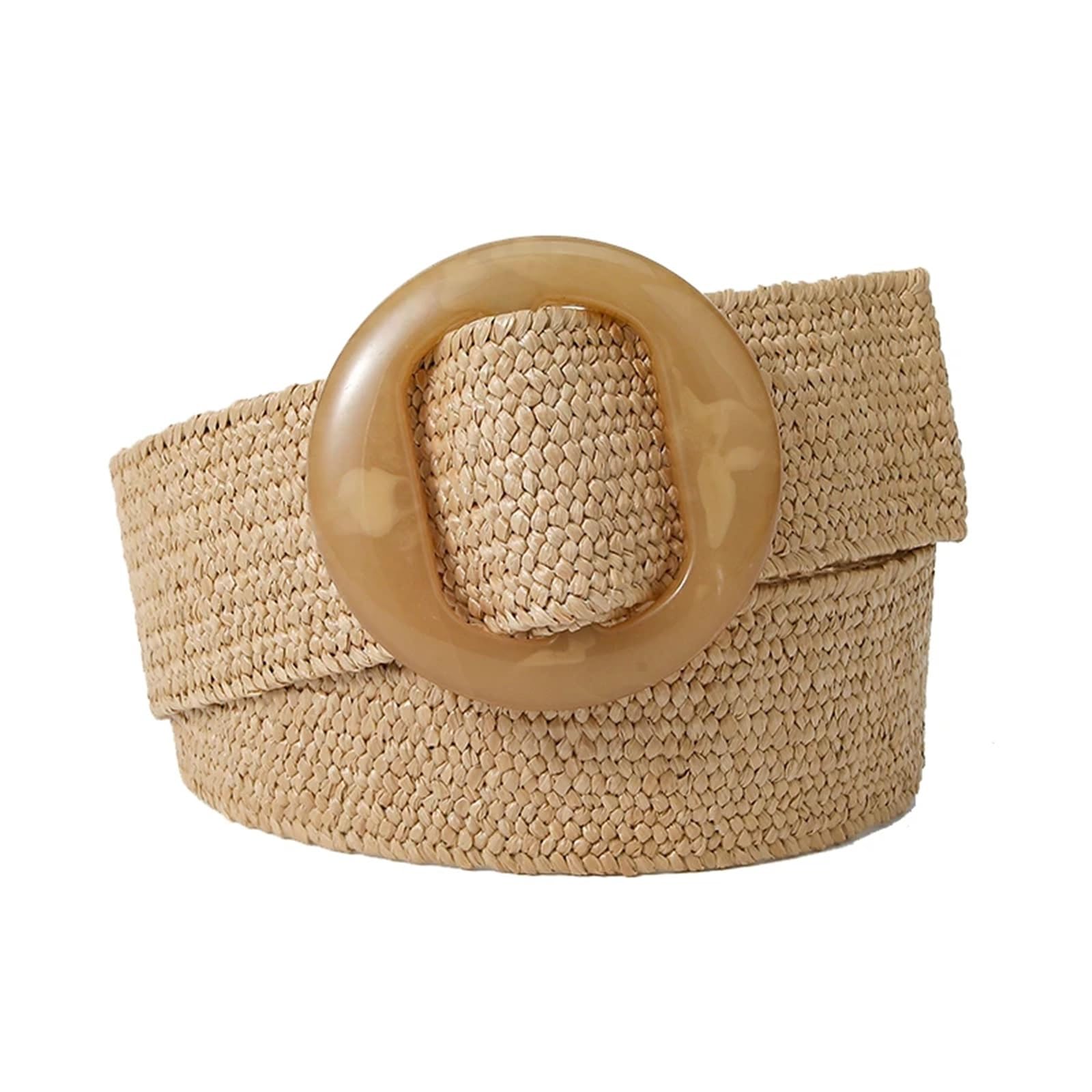 IUVYTA Straw Waist Belt Belt Women Woven Elastic Wide Solid Color with Matching Plastic Buckle(Khaki)