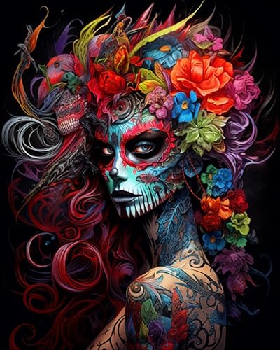 Kit de pintura al óleo de calavera de azúcar para retrato de mujer, 16 x 20 pulgadas, lienzo de Halloween para decoración de mujeres, pintura al