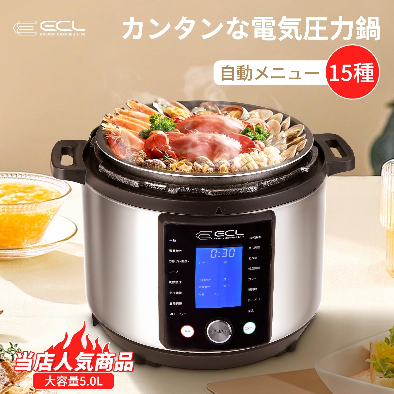 電気圧力鍋 大容量 電子圧力鍋 5L 圧力調理器 圧力鍋 電気 一台15役