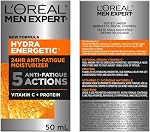 L’Oréal Paris Men Expert Anti Fatigue Daily Moisturizer for Men with Vitamin C & Protein, 24HR Non Greasy Hydration, For Dry and Dull Skin, Reduces look of fine lines & dark circles, Hydra Energetic, 50ml