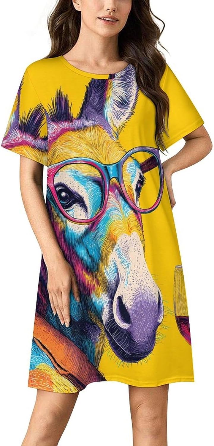 Funny Donkey Drinking Women's Nightgown Short Sleeve Sleep Shirt Casual Sleepwear Night Gowns Sleepdress
