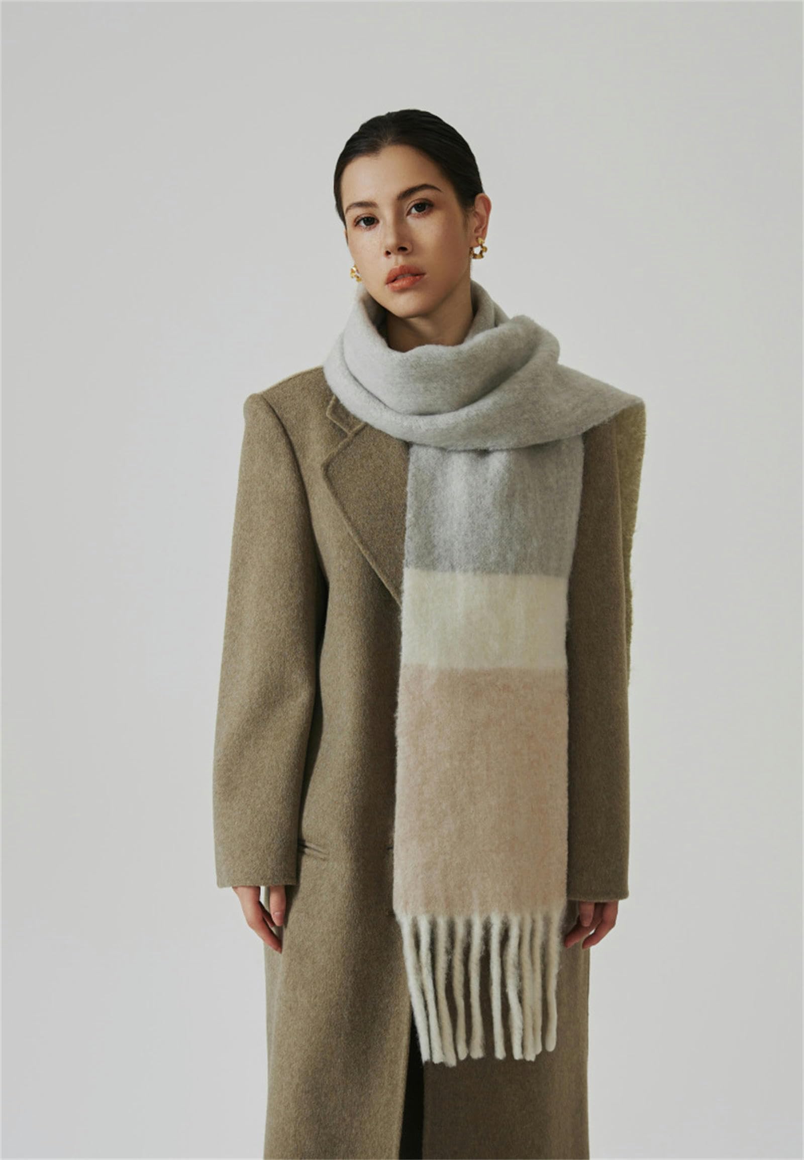 Schal Für Damen Winter Damen Schmaler Imitation Wolle Farbe Blocked Schal, Warm Und Dick, Vielseitiger Quaste Schal-Reis Grauer Kaffee-210 * 22cm