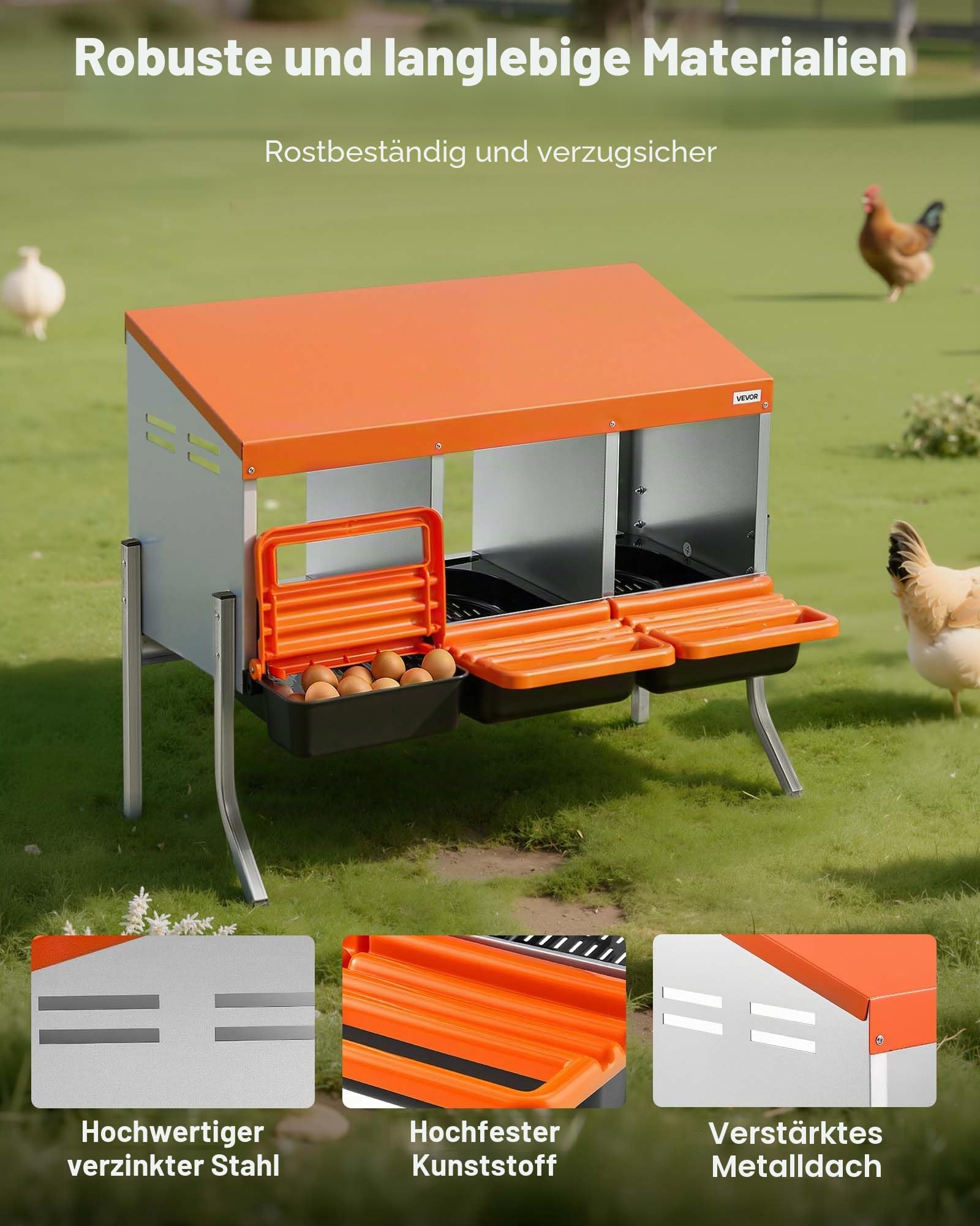 VEVOR Legenest 795x525x675 mm, 3 Fächer, Hühnernest aus Metall mit Stützbeinen & Lüftungslöchern, Geflügelnester, Abrollnest, ideal für Hennen, Enten, Hühner & anderes Geflügel