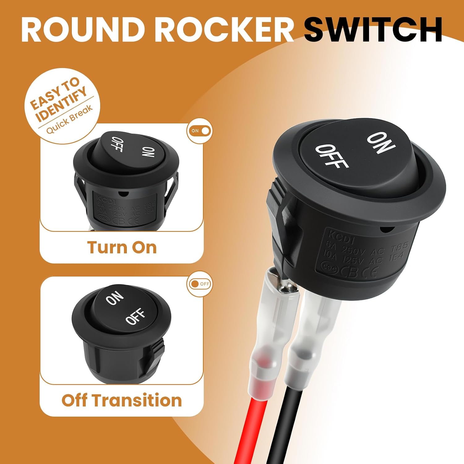 5Pcs Round Rocker Switch, ON/Off Round Toggle Switch, SPST 2 Pin with Pre-Wired Leads 12VDC 6A/250V 10A/125V AC, Snap-in Design for Car Boat RV Automotive