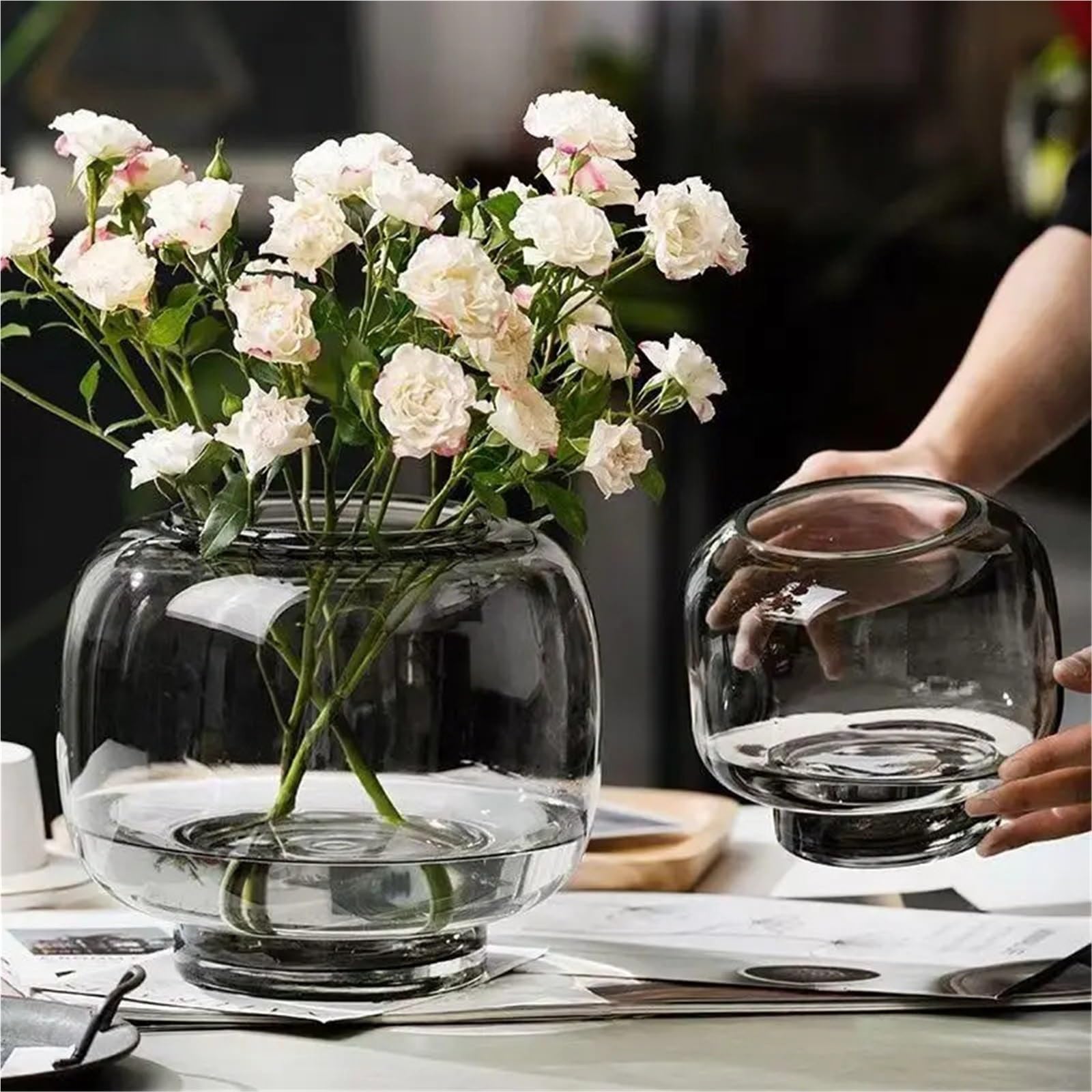 Vase Hydroponique Verre Vase en Verre Transparent avec Conception Circulaire à Grande Bouche, Table Manger for Salon, Arrangement Floral hydroponique, Ornement Double Usage(Small Gray)