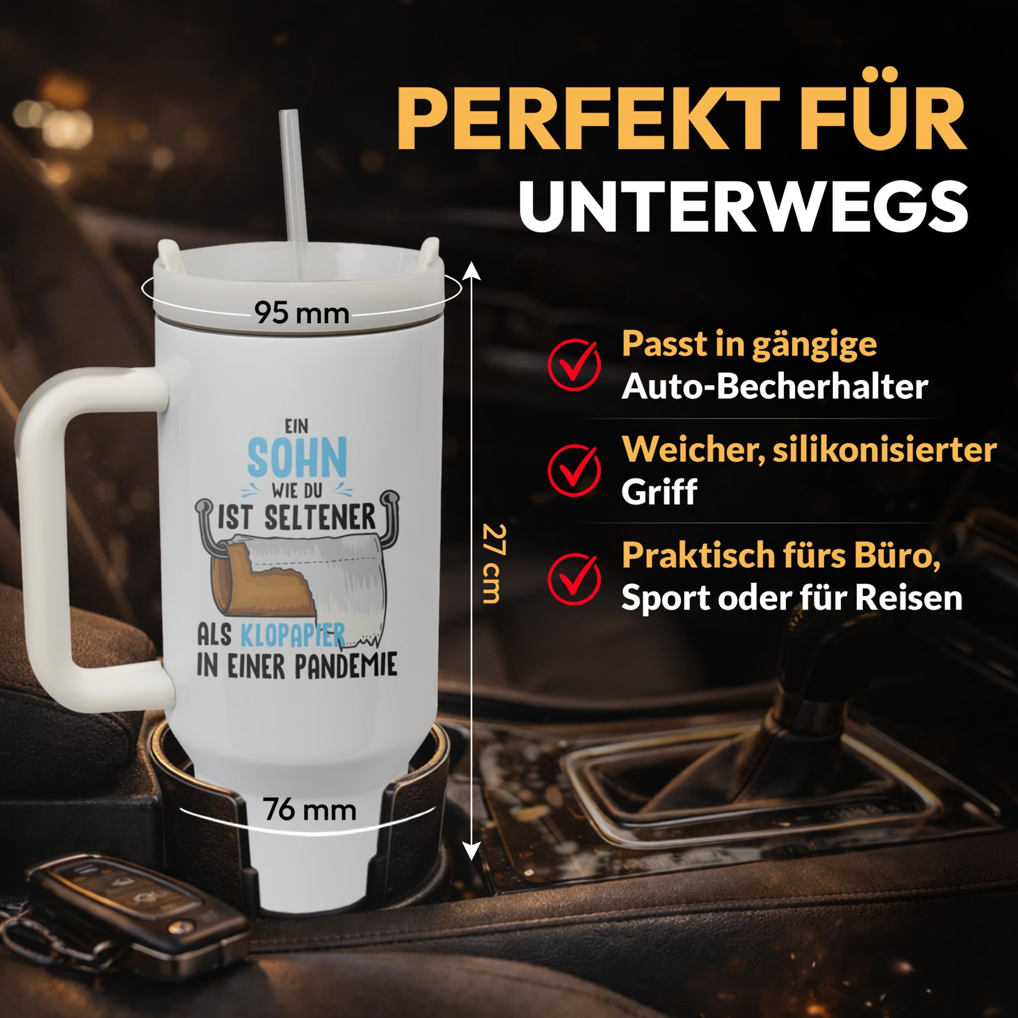 XXL Thermobecher für Sohn – Lustiges Geschenk zum Geburtstag & Weihnachten – Edelstahl Trinkflasche, Weiß mit Klopapier Spruch (WIEDERVERWENDBAR)