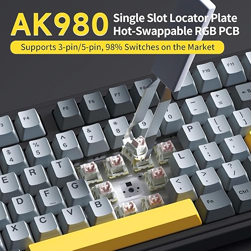 Miniatura 3 de NACODEX Ajazz AK980 - Teclado mecánico inalámbrico para juegos, tres modos BT5.02.4GHzUSB-C, teclado personalizado intercambiable en caliente,