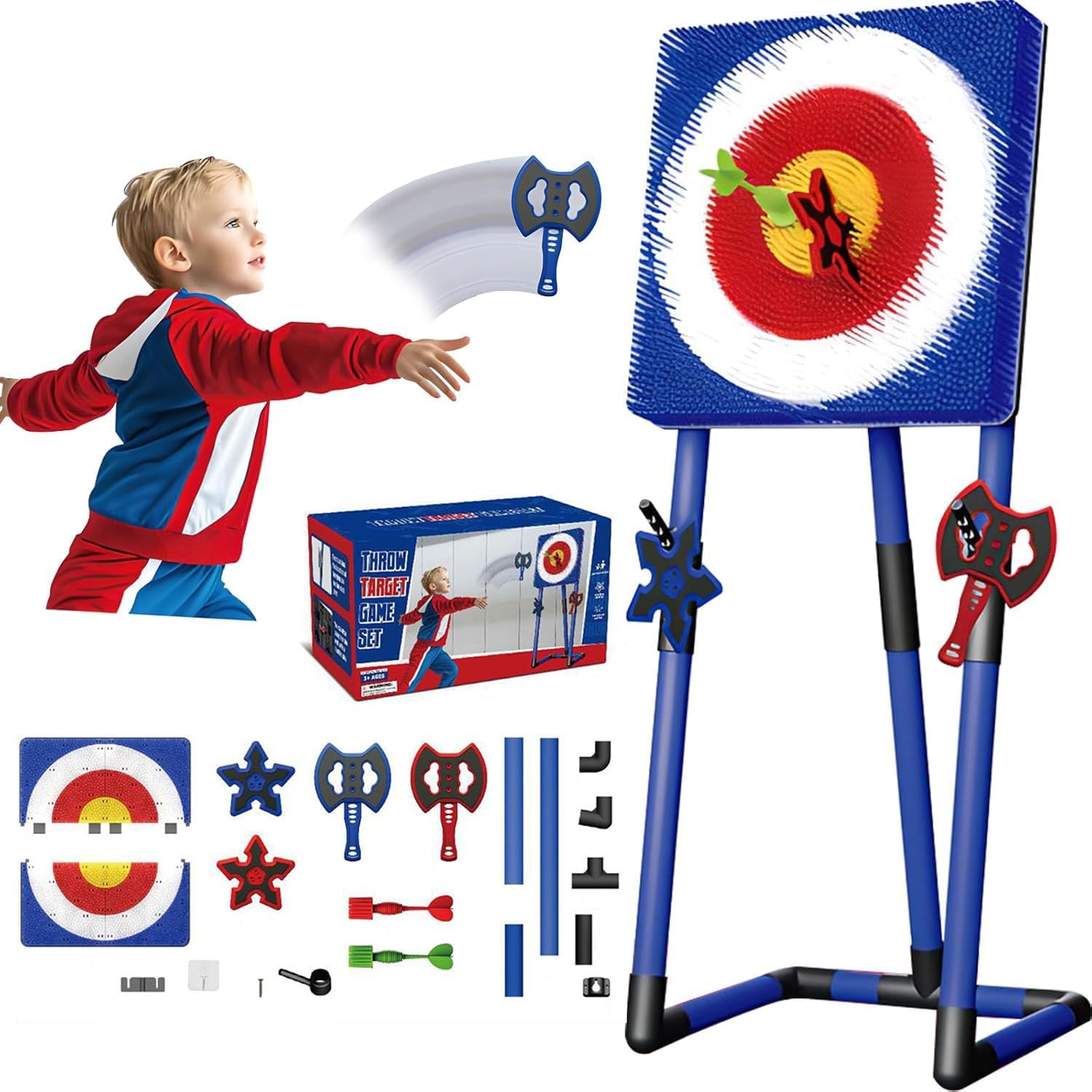 Jeu De Lancer De Hache En Bois – Cible 27x27 Cm, 3 Haches Sécurisées – Intérieur/extérieur – Décoration Murale Possible