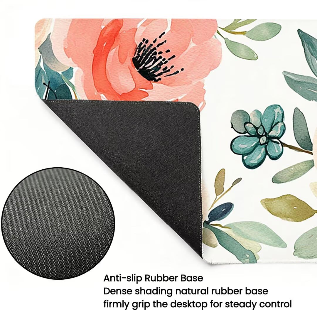 Podkładka pod mysz XXL Flower - 1400x600x3mm - biała duża mata na biurko z przeszytymi krawędziami i antypoślizgowa wodoodporna do komputera, laptopa poprawia precyzję i szybkość. -36478