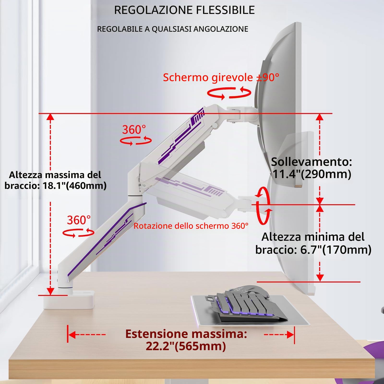 Braccio Monitor per 13-49 Pollici fino a 20 kg, Rotazione 360° Supporto Monitor Scrivania, Monitor Arm Inclinazione e Altezza Gas Regolabili, Porta Monitor Gestione dei Cavi, VESA 75/100 mm