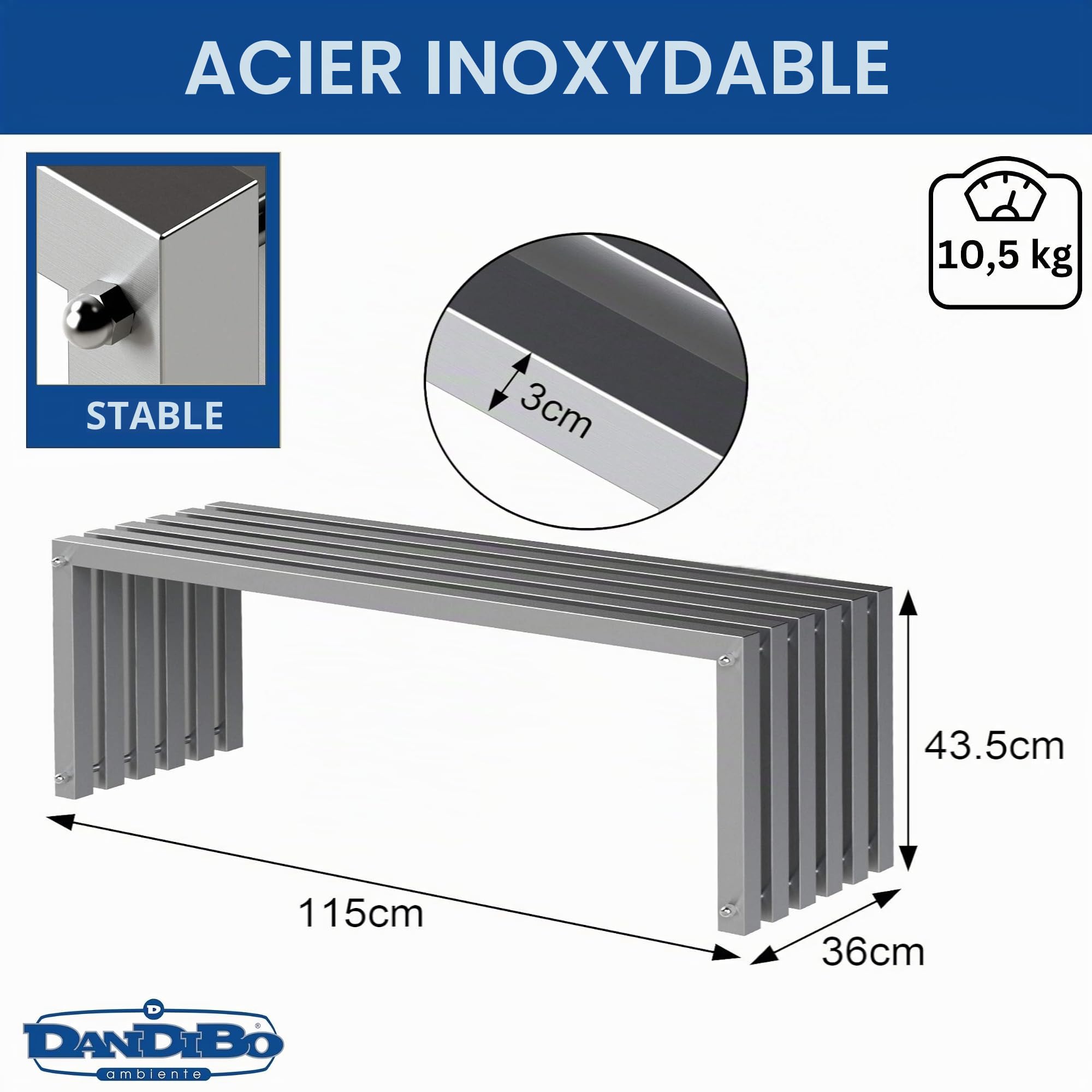 DanDiBo 96607 Banc de jardin résistant aux intempéries en acier inoxydable massif 115 cm