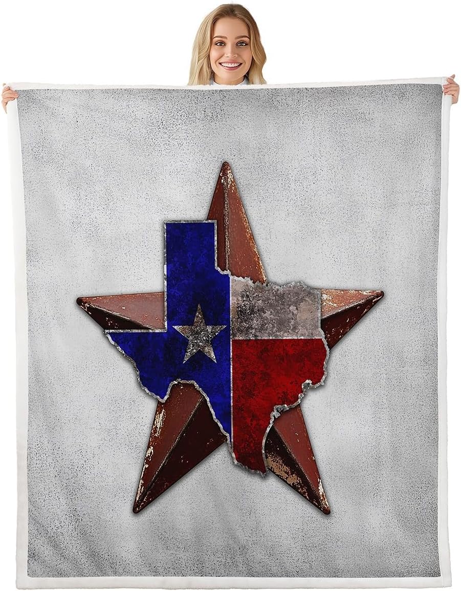 Erosebridal Western Fleece Texas State Flag Sherpa Blanket, Grey Grunge Throw With Stars for Sofa, Vintage American Flag Flannel Rustic Farmhouse Decor Soft