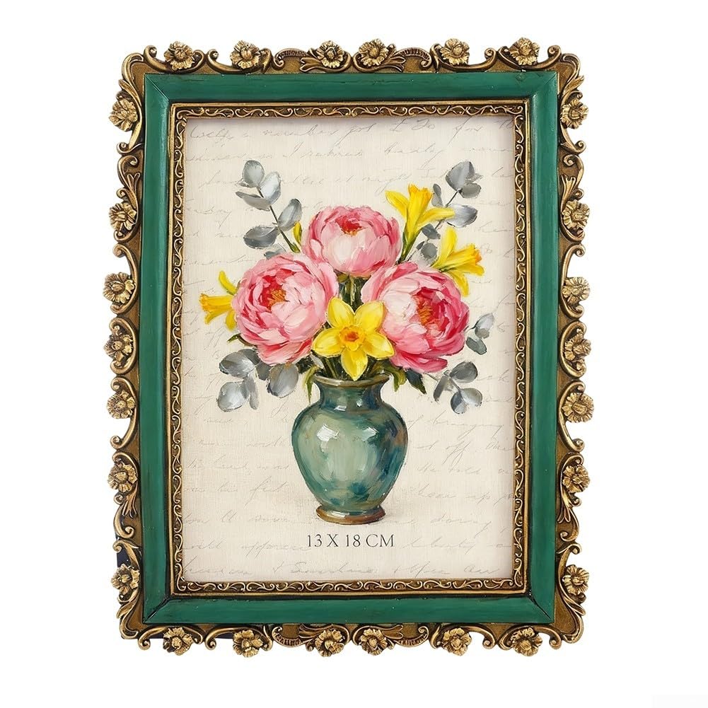 Ramka z żywicy w stylu vintage z ozdobnymi złotymi kwiatowymi detalami do wyświetlania zdjęć lub dzieł sztuki w domu lub biurze (15 cm)