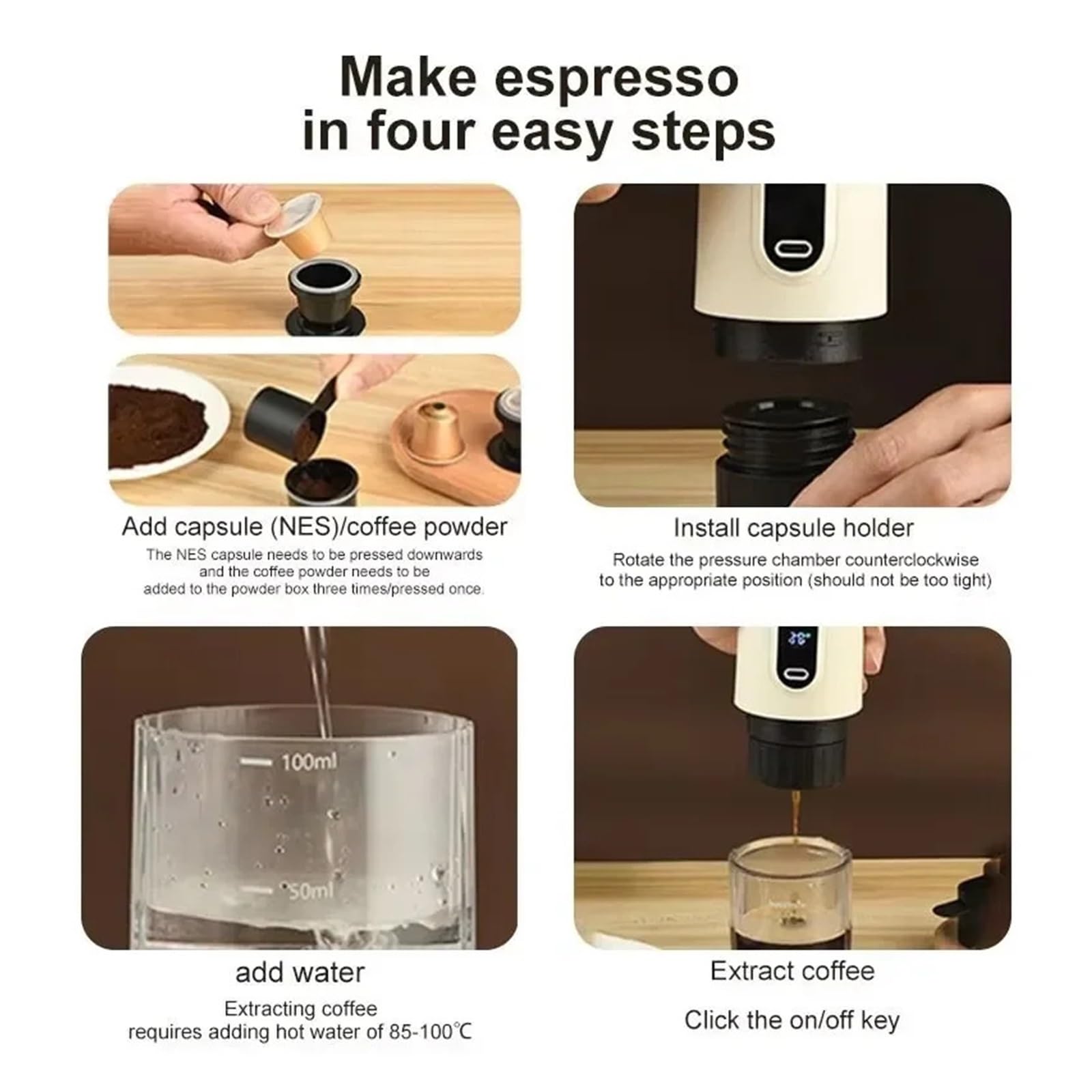 EDEDE Macchina da caffè Espresso Portatile, Macchina for caffè Italiano Portatile Senza Fili, Macchina elettrica for Capsule Concentrate for casa, all'aperto, Ricarica Rapida per Viaggi, Campeggio