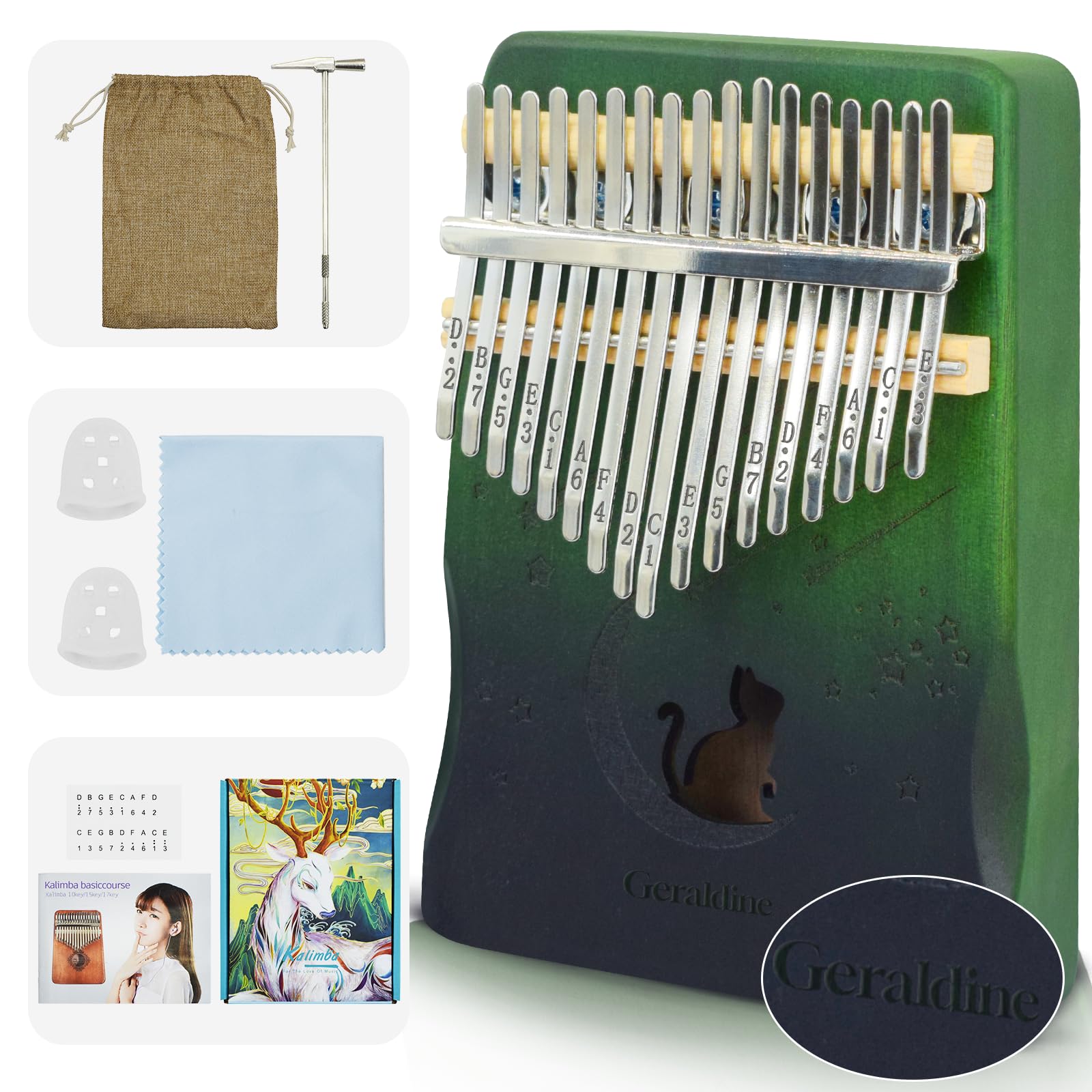 17 Key Kalimba Thumb Piano - Personalized with Your Name &amp; Sweet Words, Engravable Finger Piano, Perfect Musical for Birthdays &amp; Holidays-Moon Cat-D-2
