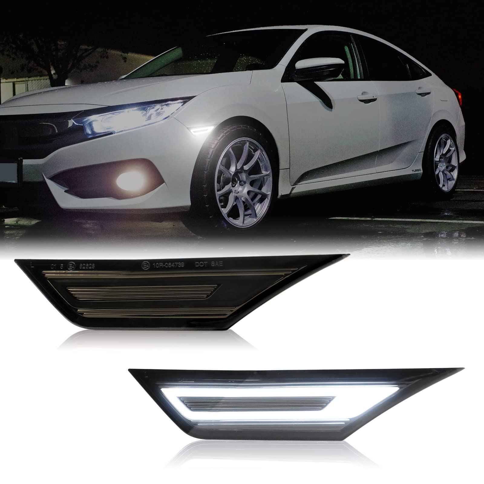Mynoway LED Side Marker Lights Replacement for 2016-2021 Civic (10th Gen) Coupe/Hatchback/Sedan, 2PCS Front Side Position Fender Driving Lamp, Smoked