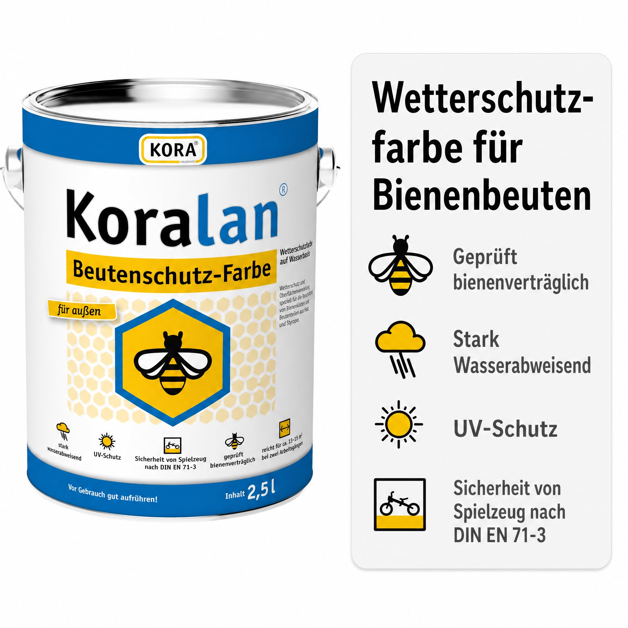 Koralan KORA Beutenschutz-Farbe für Bienenbeuten & Bienenkästen aus Holz & Styropor - wetterfeste Beutenfarbe, bienenverträglich, deckend, wasserbasiert & UV-beständig (Weiß, 2,5 Liter)
