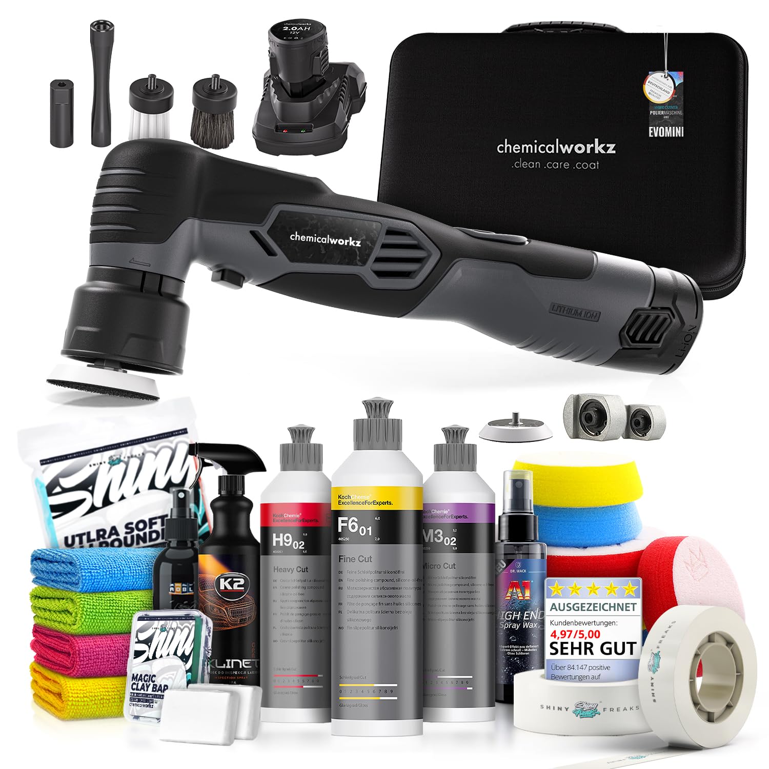 Poliermaschinen Set: chemicalworkz EVO Mini Akku Poliermaschine + Koch Chemie Politur Set + Royal Pads Premium Polierpads + Dr. Wack Versiegelung für Lack + Zubehör | 20-teilig