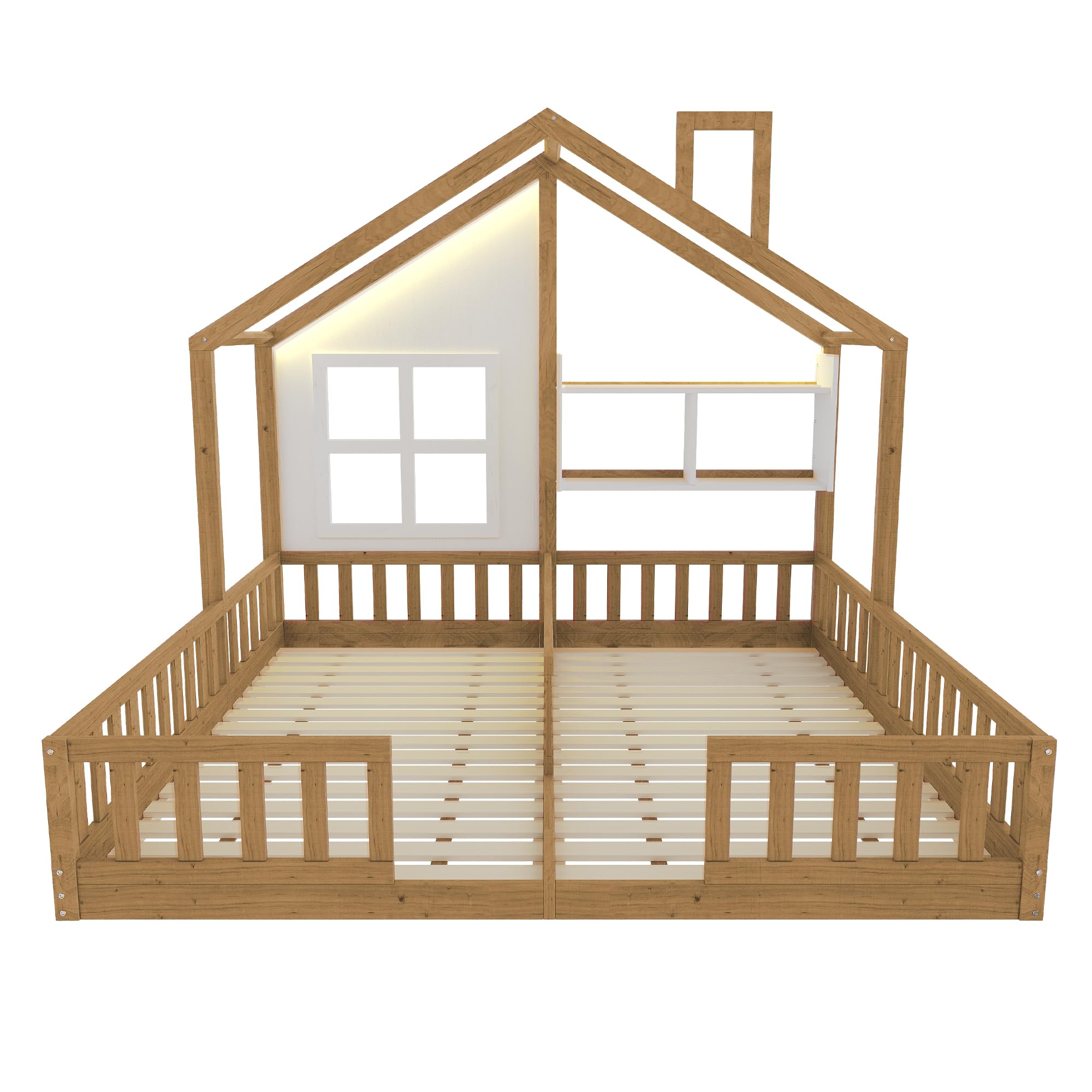 Kinderbett Bodenbett 180x200,Hausbett mit Rausfallschutz&Lattenrost,Montessori Bett mit Ablageflächen&LED-Beleuchtung,Freistehendes Doppelbett Gitterbett Bettgestell Spielbett,Ohne Matratze,Holzfarbe