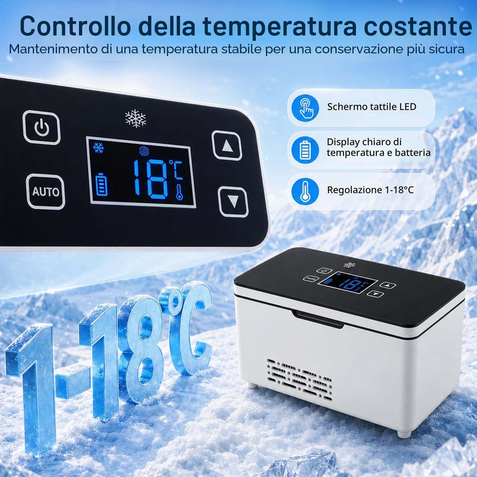 Frigo portatile elettrico, a batteria, per insulina e peptidi, indicatore LED regolabile da 0 a 18 °C, con due batterie da 10600 mAh, per casa, viaggi, auto