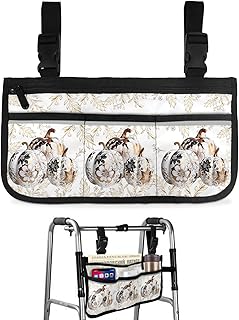 Thanksgiving Fall,Wheelchair Side Bag,Wheelchair Walker Armrest Bags with Cup Holder & Reflective Stripes,Mobility Scooter Walker Rollator Wheelchair Classic Gold Flower Pumpkins Autumn Leaves