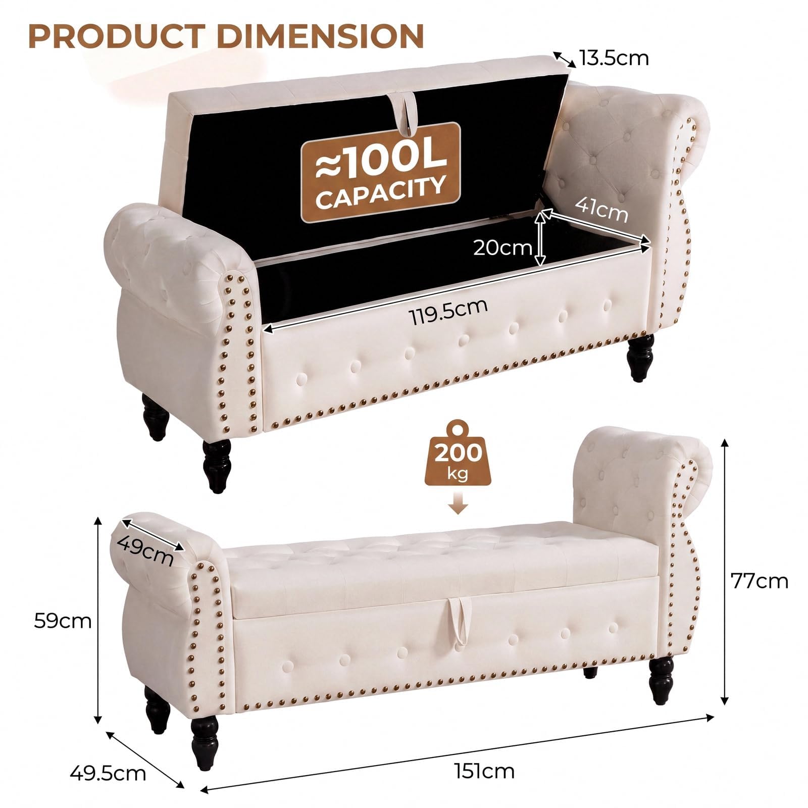 Clevich Sitzbank mit Stauraum 151 cm, Sofa Bench mit Riesiger Stauraum, Beige