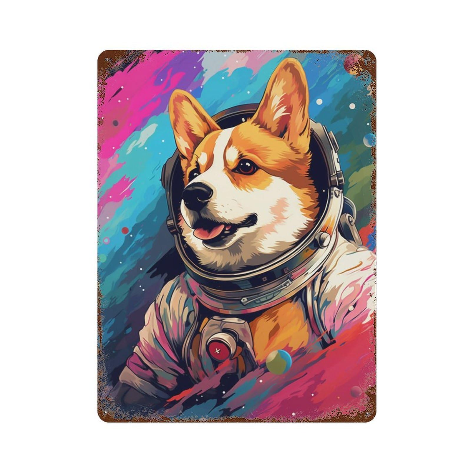 Weathered Tin Sign with Corgi Astronaut in Space -28 Design 15.7"x11.8", for Office, Studio And Wall Decor, Retro Wall Decor