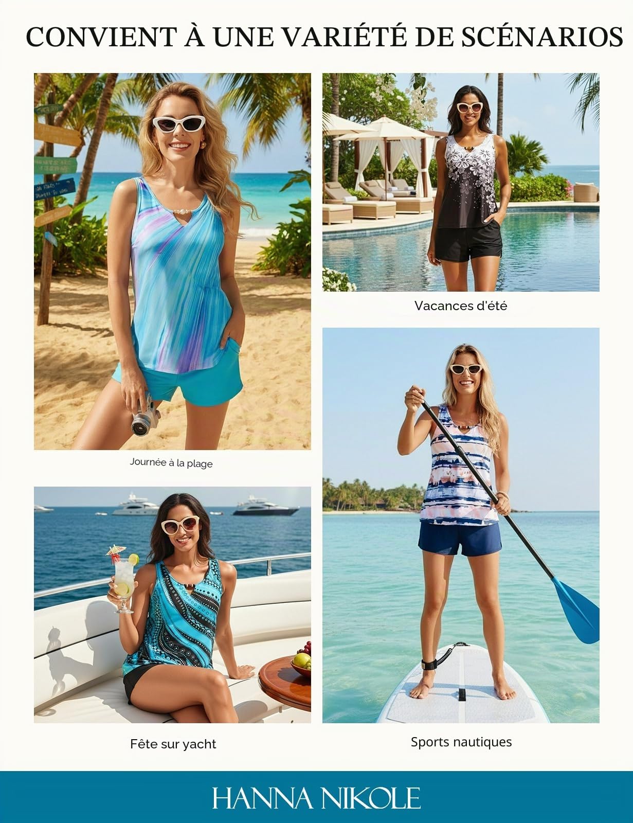 Hanna Nikole Tankini 2 pièces pour femme - Maillot de bain modeste - Col en V - Avec poches - Short de bain sportif - 2 pièces