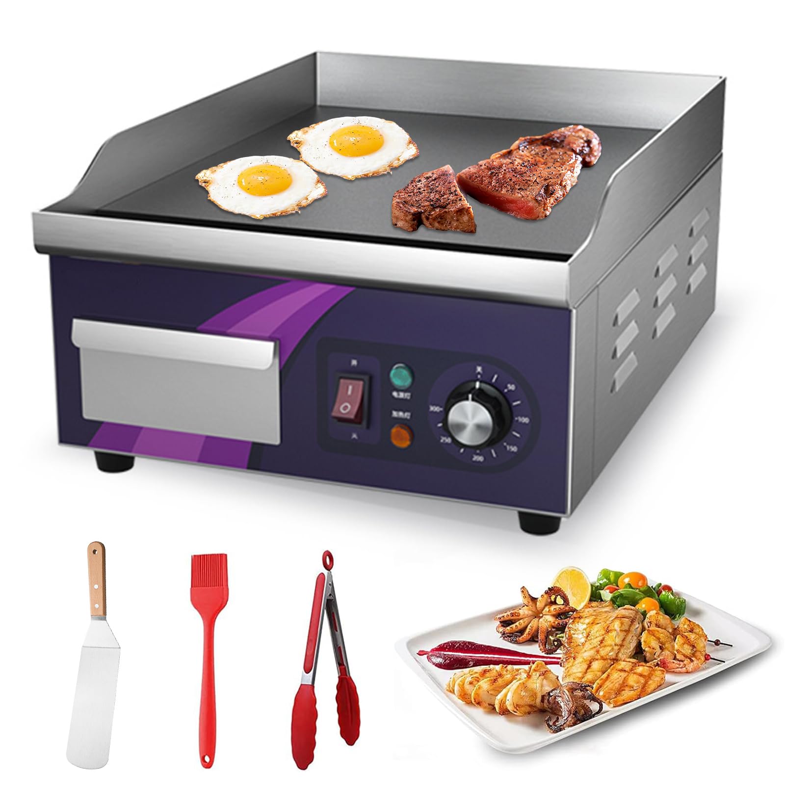 Plancha Cocina Eléctrica Profesional 14", Plancha De Asar Eléctrica De Acero Inoxidable Antiadherente De 2000W para Restaurantes Cocina Control De Temperatura Ajustable 50-300 ℃