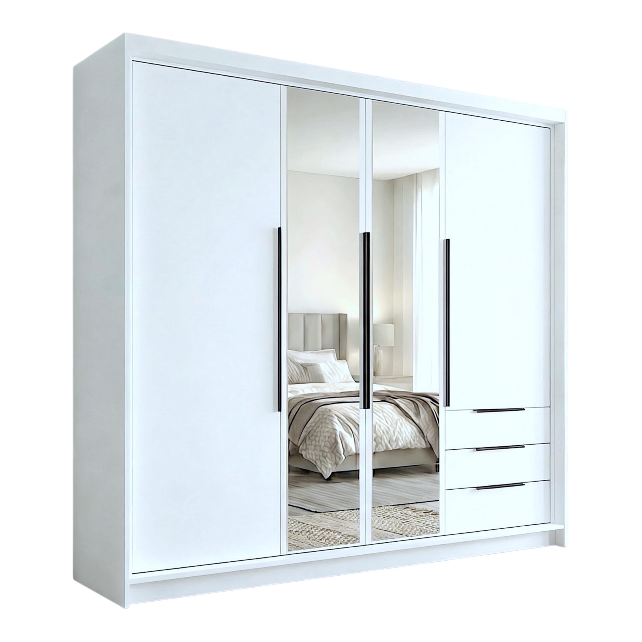 A&J MöbelLand VIVO Kleiderschrank 4-türig mit Spiegel und Schubladen – 200 x 215 cm – Drehtürenschrank mit Kleiderstange und Einlegeböden