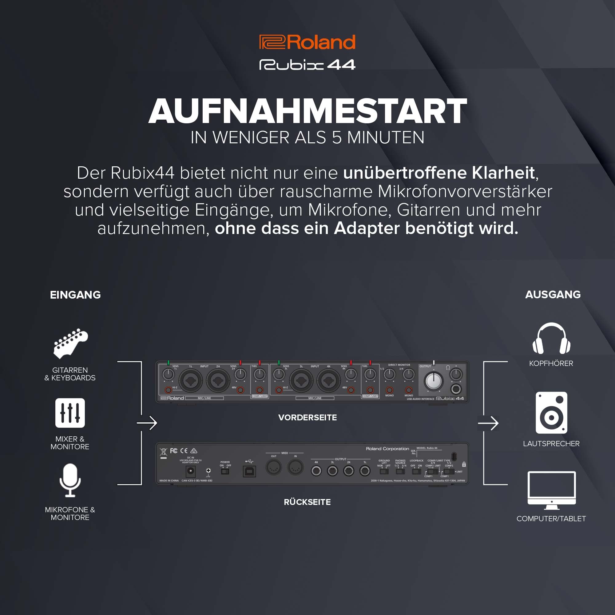 Roland Rubix44 4-In/4-Out USB Audio Interface | Hochauflösende Audioqualität | Aufnahme von Mikrofonen, Gitarren, Keyboards & mehr | Kompakte & robuste Konstruktion | Kompatibel mit Mac, PC & iPad